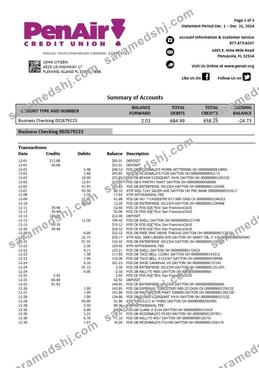 USA Florida PenAir Credit Union bank statement, 3 pages